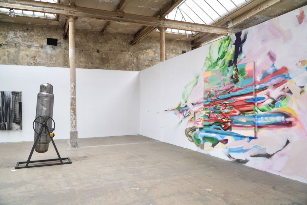 Installation view of the group show Analysis of anger at Werkschauhalle, Spinnerei, Leipzig, with Mar de sangre by Paula Fraile